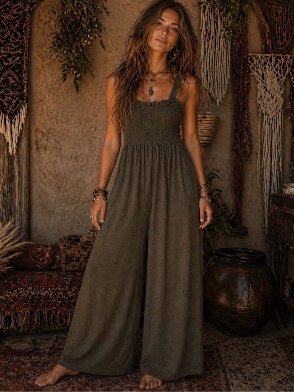 Lumiere Olive Smocked Wide-Leg Jumpsuit with Adjustable Straps